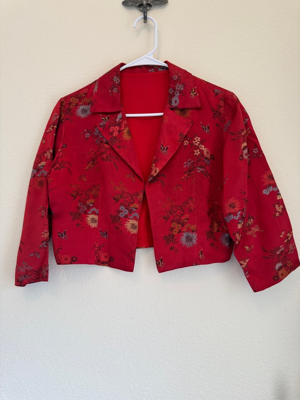 Satin Brocade Asian Floral Bird Cropped Jacket Handmade Red Vintage